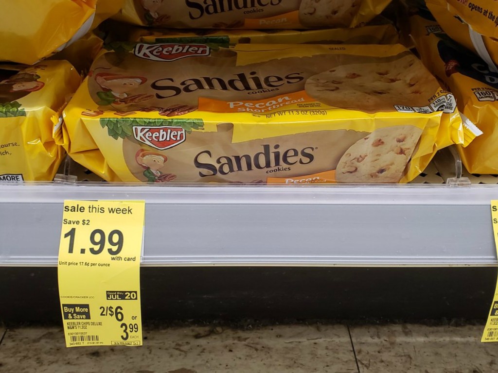 package of cookies on store shelf with price tag