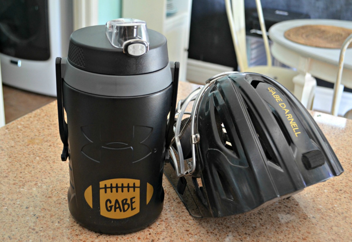 labeled sports equipment on counter