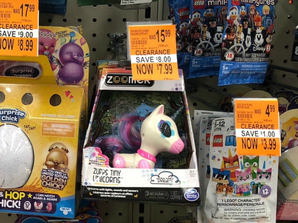 store display with toys and clearance tags