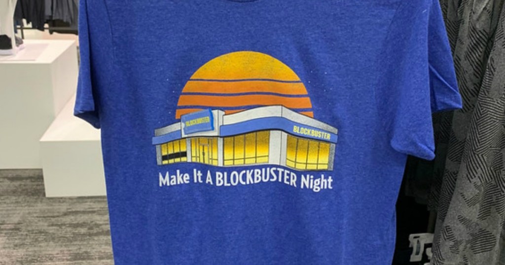 make it a blockbuster night tee hanging in a store