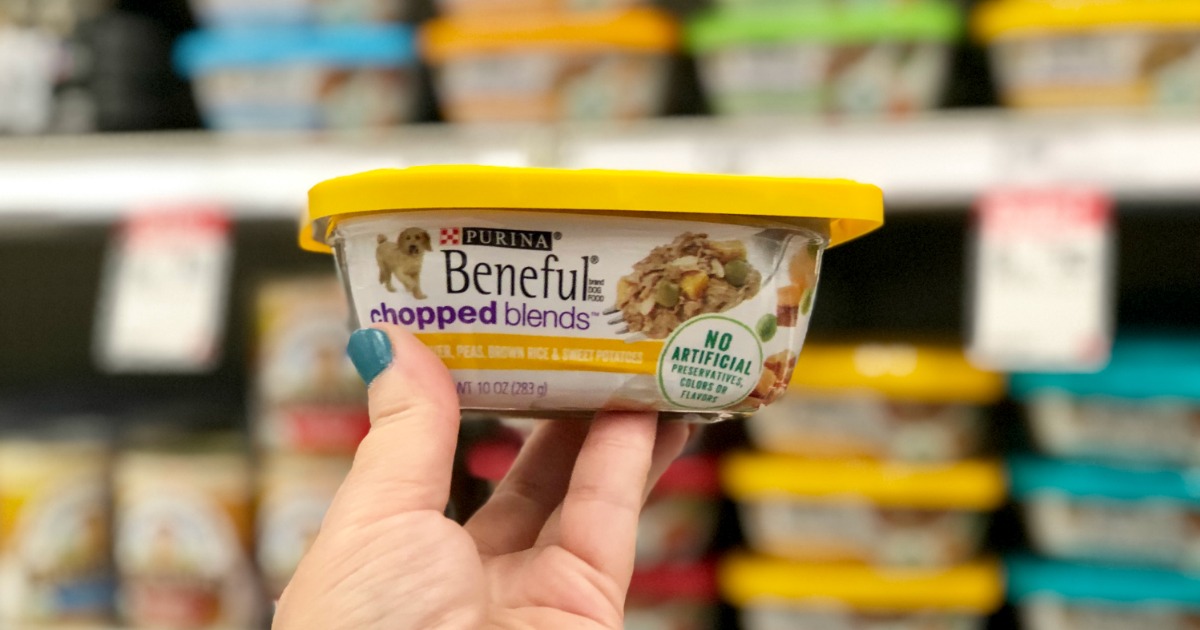 hand holding purina beneful chopped blends dog food in a Target store