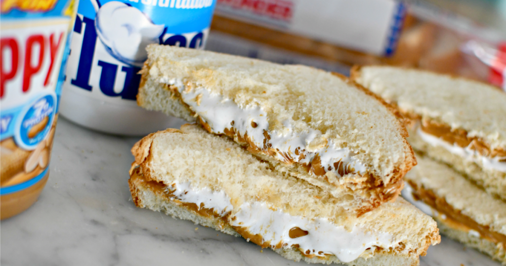 marshmallow fluff sandwich staked on counter 