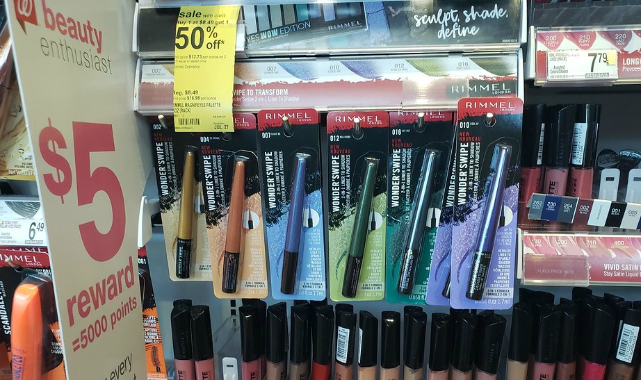 wall of Rimmel mascara at Walgreens