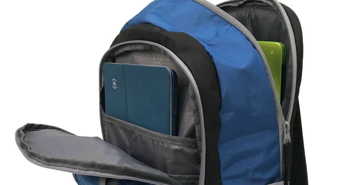 blue speck backpack open to show tablet and laptop