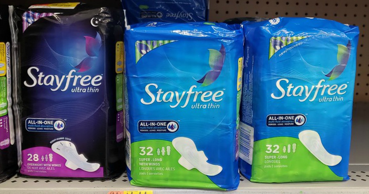 stayfree ultra thin pads on a walmart store shelf