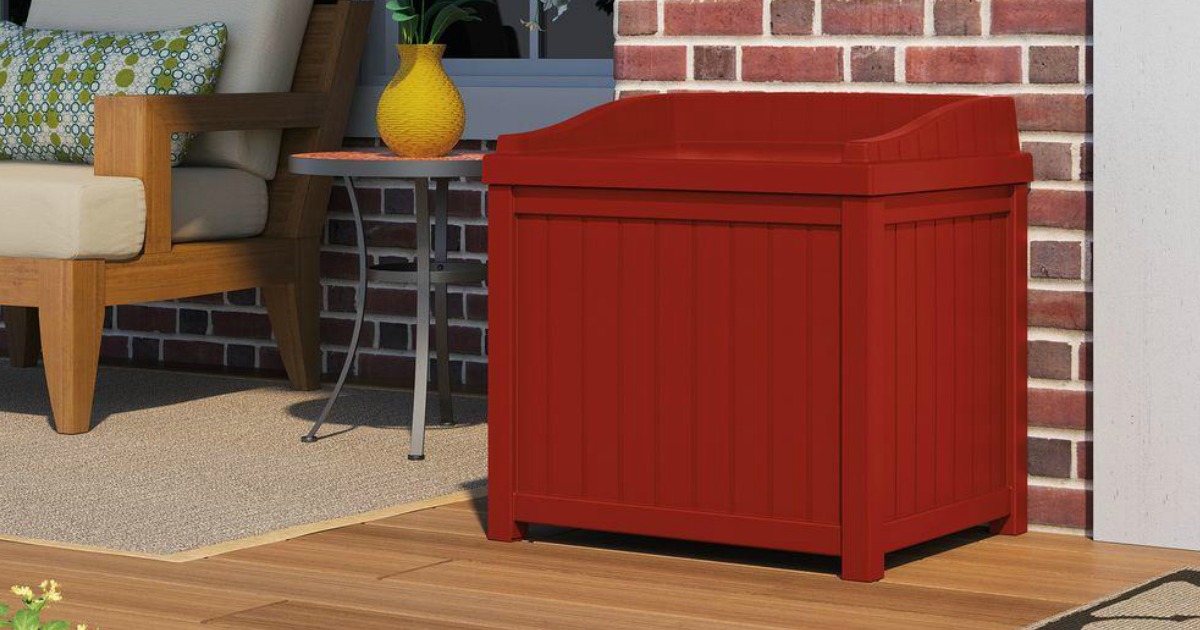 red outdoor deck storage box