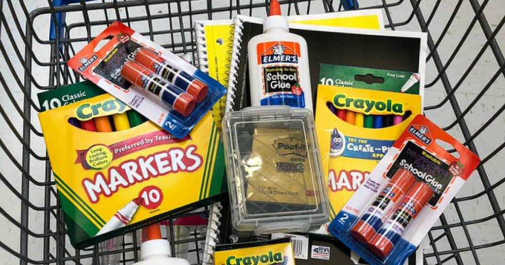 basket full of school supplies at store