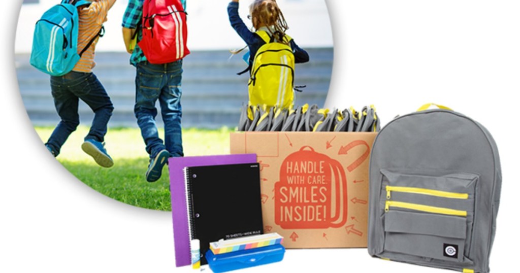 photo of kids wearing backpacks inset with school supplies