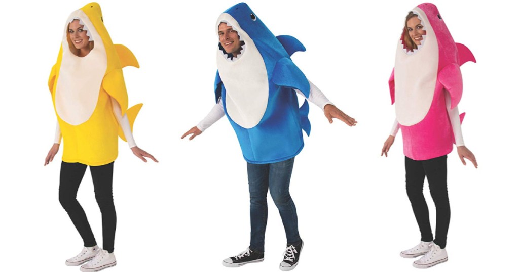 3 adults wearing baby shark costumes