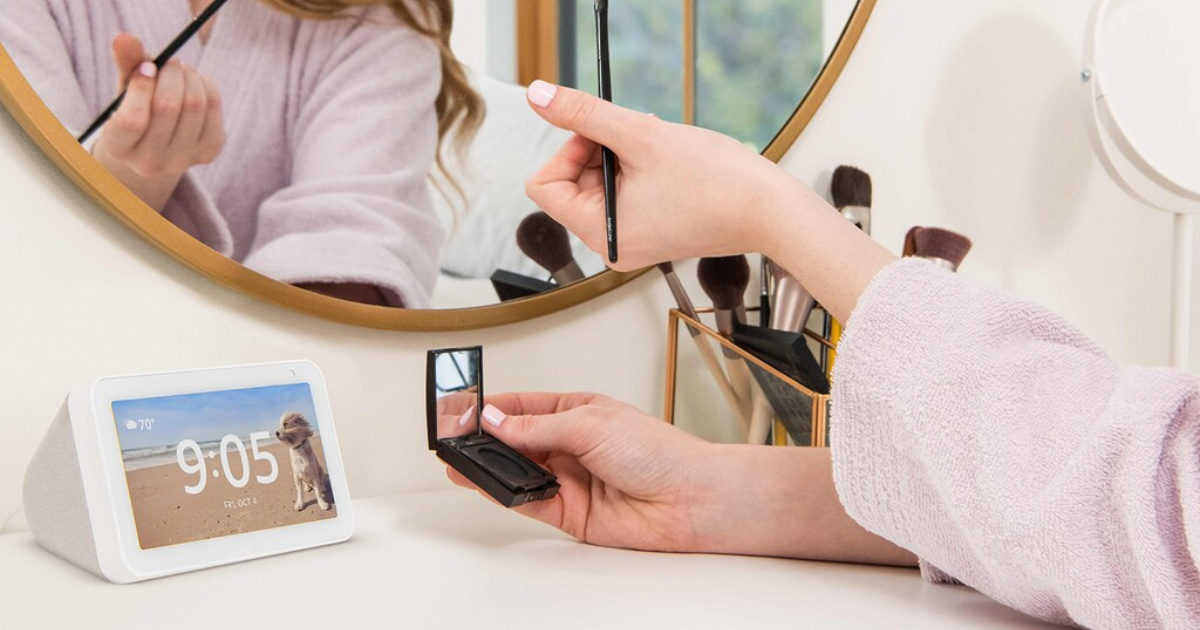 white echo show on bathroom counter