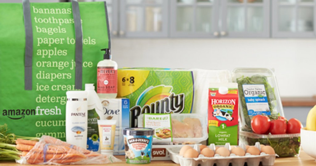 Amazon Fresh Grocery Delivery Sitting on Kitchen Counter eggs, paper towel