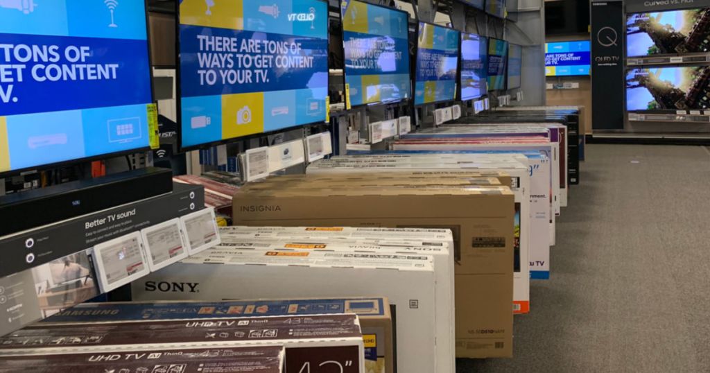 Best Buy TVs on Display with boxes in store