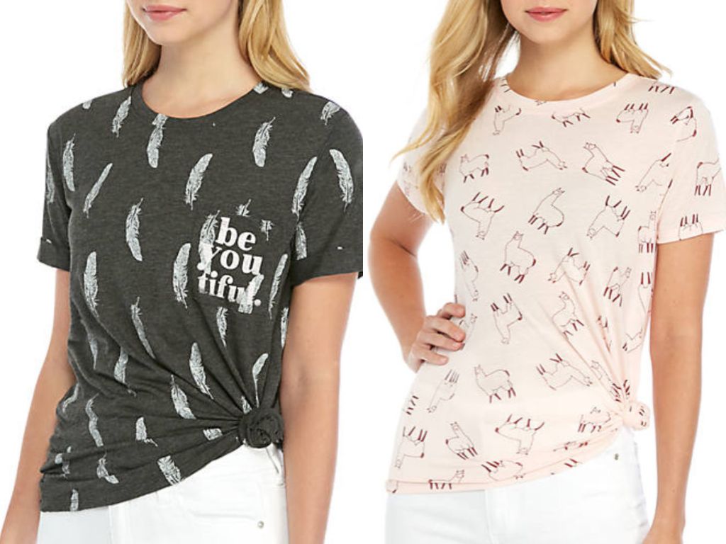 women wearing Be-you-tiful feather shirt and llama cold crush shirt from belk