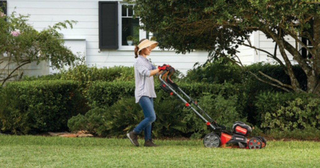 woman pushing Craftsman self-propelled mower