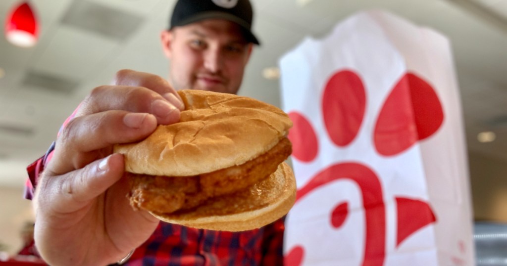 Stetson with Chick-fil-A chicken sandwich