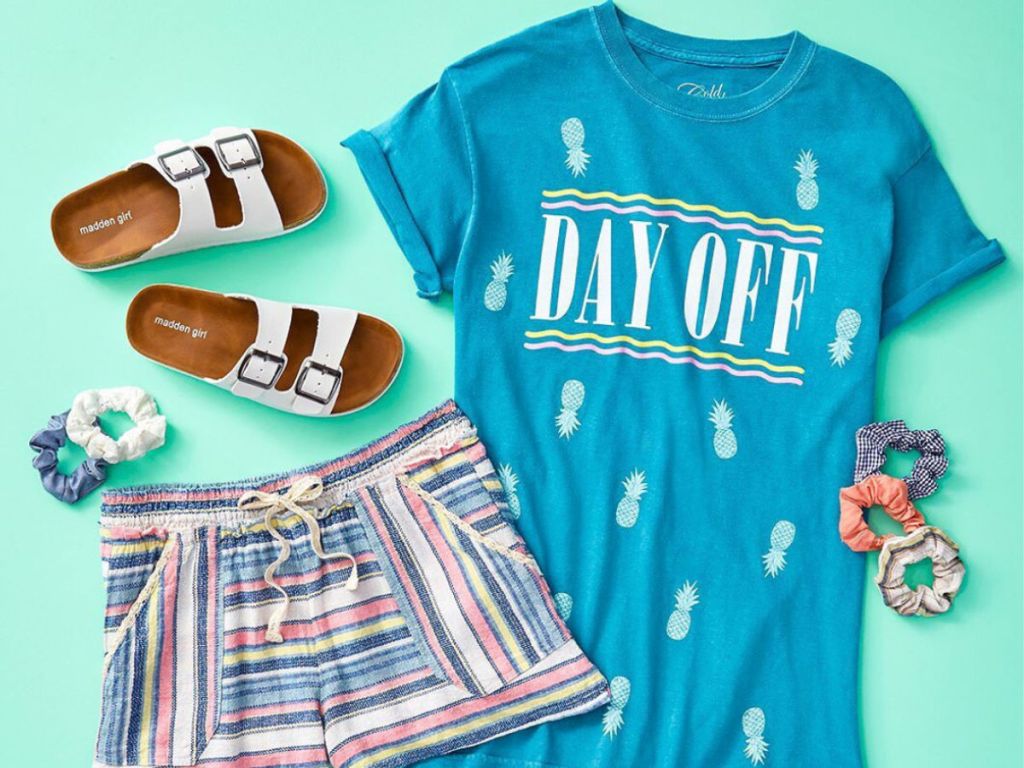 Cold Crush Day Off Shirt with striped shorts and sandals