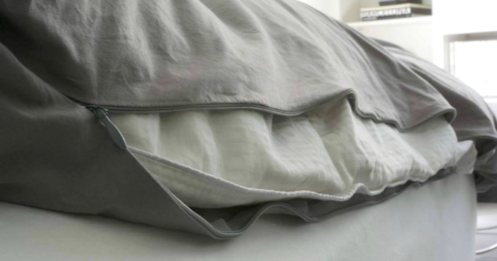 close up of gray duvet unzipped 