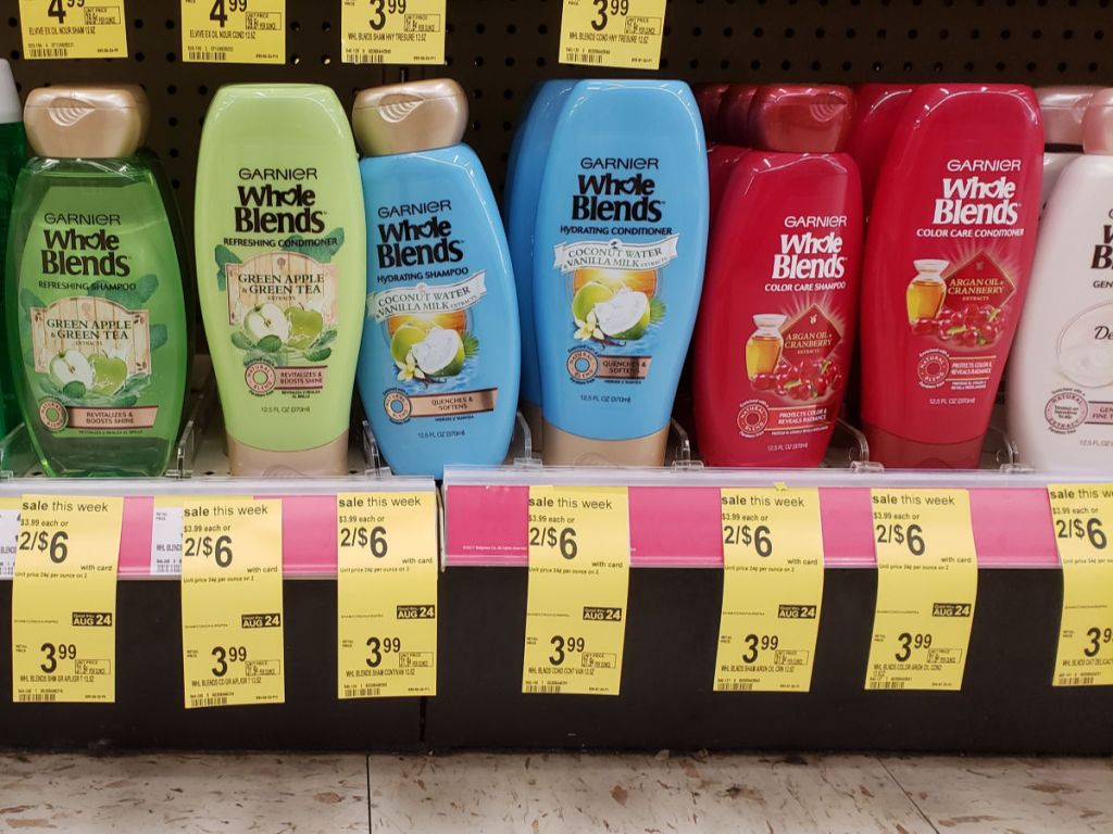 Garnier Whole Blends Shampoo or conditioner on shelf at Walgreens