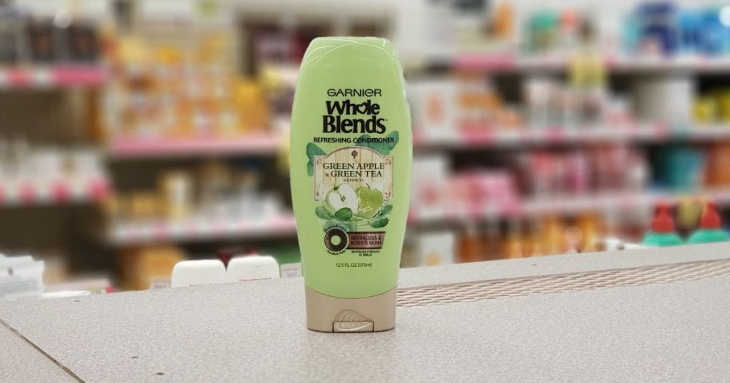 Garnier Whole Blends Shampoo on counter at walgreens