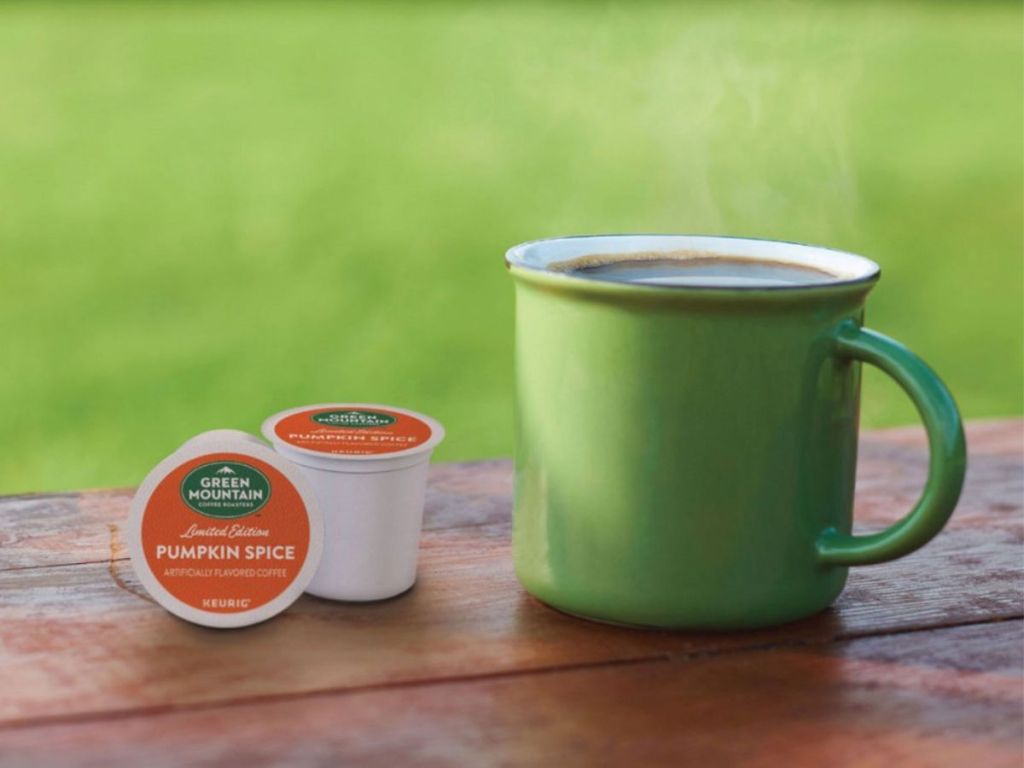 Green Mountain Coffee Pumpkin Spice K-Cups with green coffee mug outside