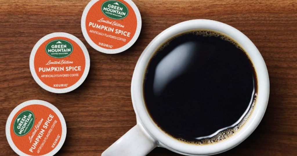 Green Mountain Coffee Pumpkin Spice K-Cups with cup of coffee