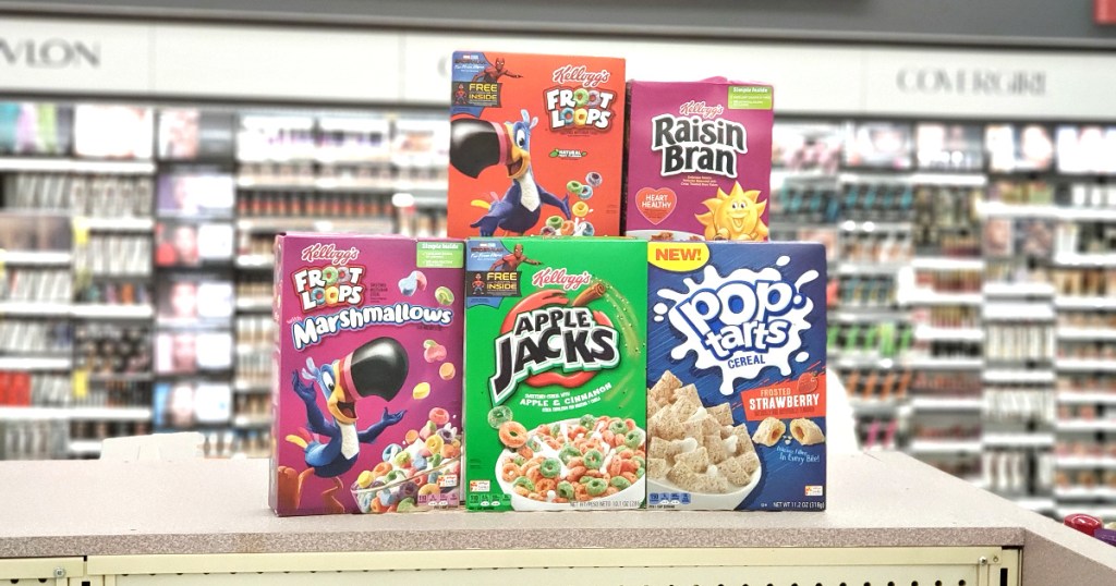 boxes of kelloggs cereal on shelf at store