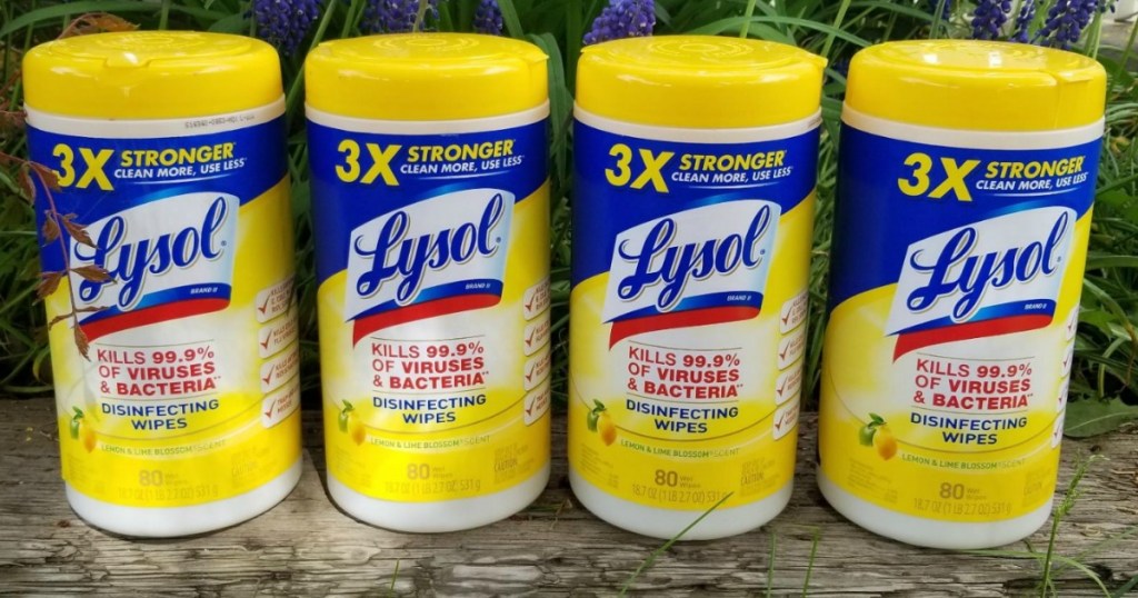 4 containers of Lysol Disnfecting Wipes on shelf outside