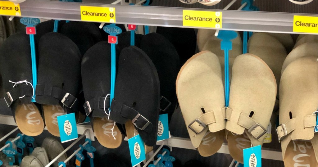 Mad Love Clogs hanging in shoe section at Target