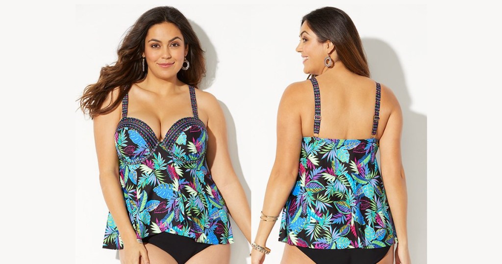 woman wearing tankini top front and back