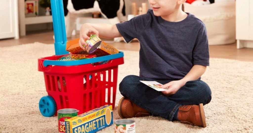 boy playing with a toy shopping basket and play food