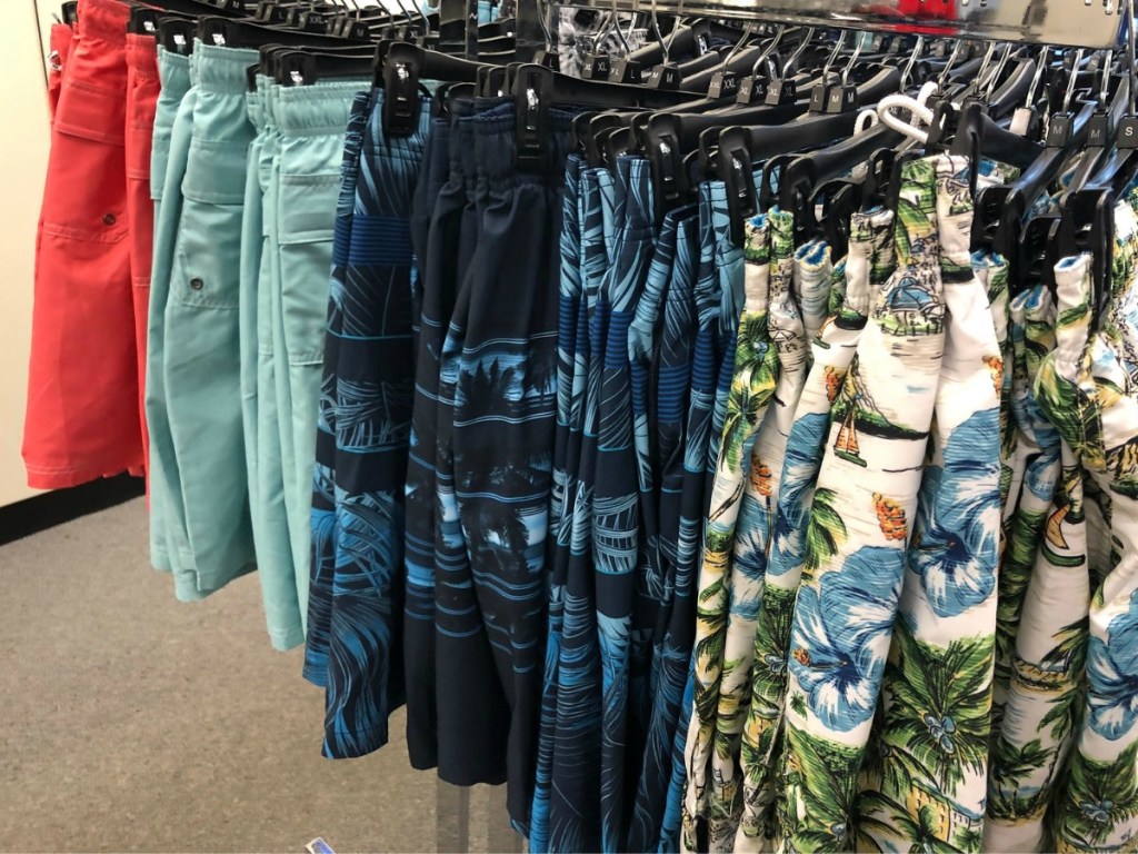 Men's Swim Trunks hanging on rack at Kohl's