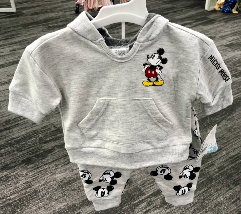 Disney's Mickey Mouse pants and hoodie in gray on hanger at Target