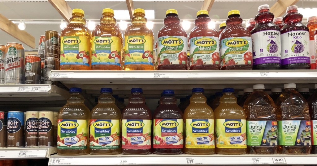 bottles of motts sensible juice on shelf at target