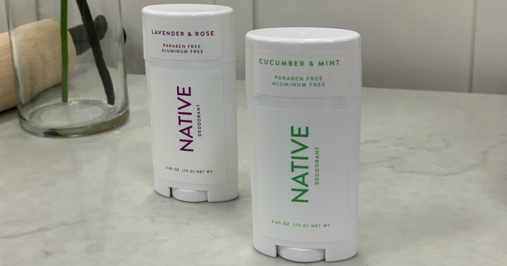 two sticks of women's deodorant on bathroom counter