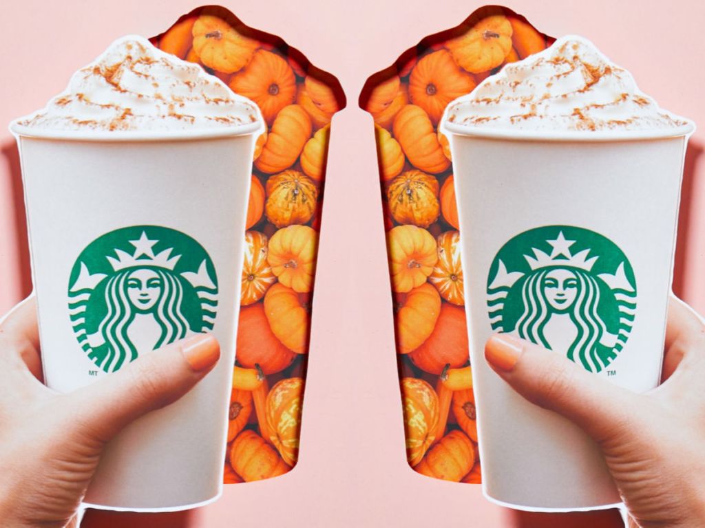 Pumpkin Spice Latte Starbucks with pink background and pumpkins