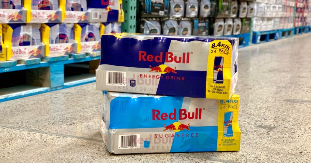 two cases of Red Bull stacked on a store floor