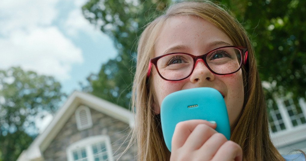 Girl holding blue relay