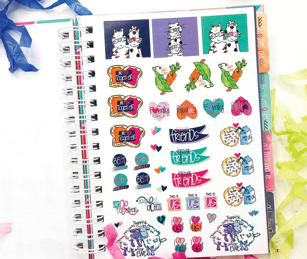 Reminder binder gratitude journal open to a page of stickers