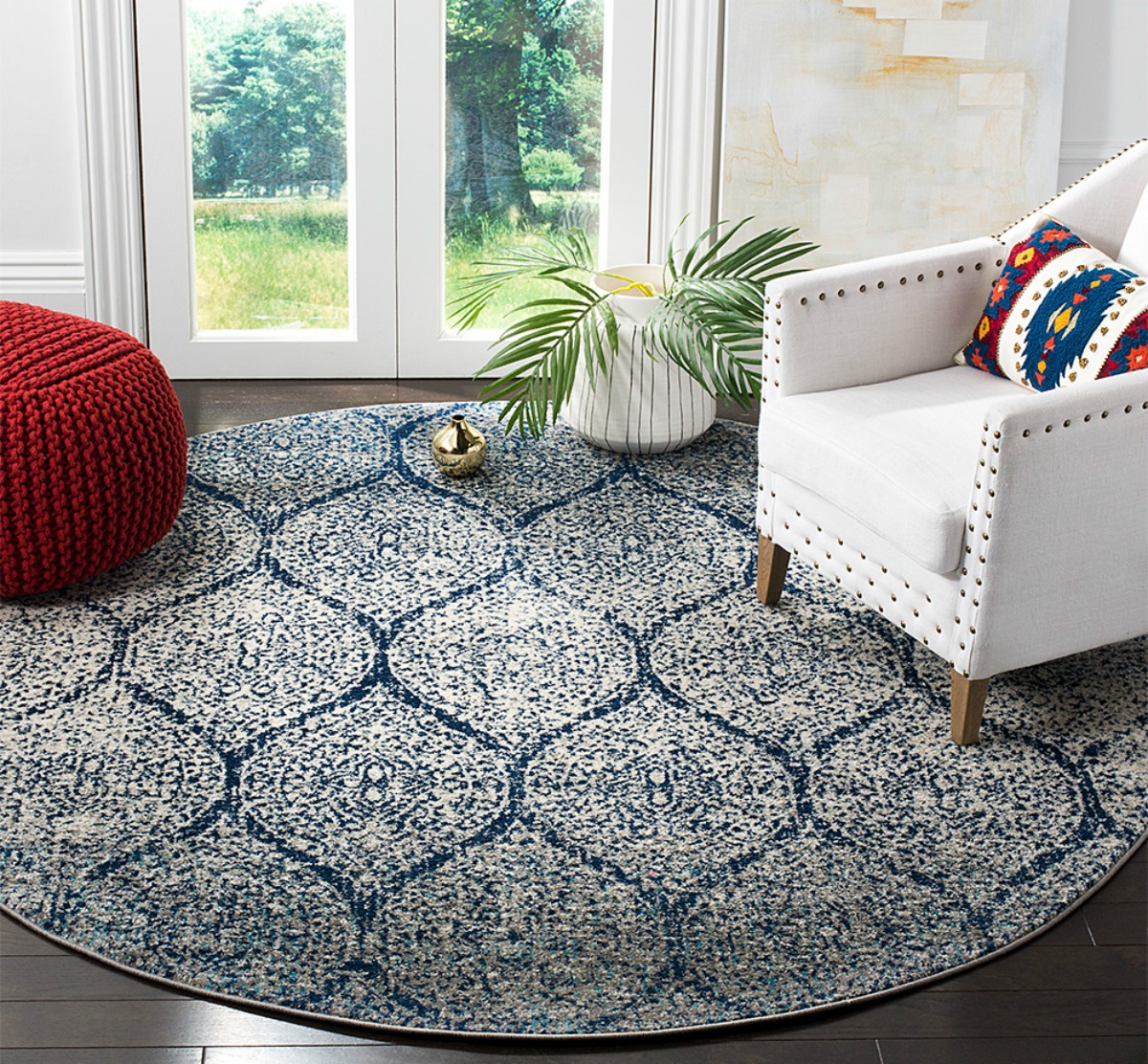 round blue and white rug in living room