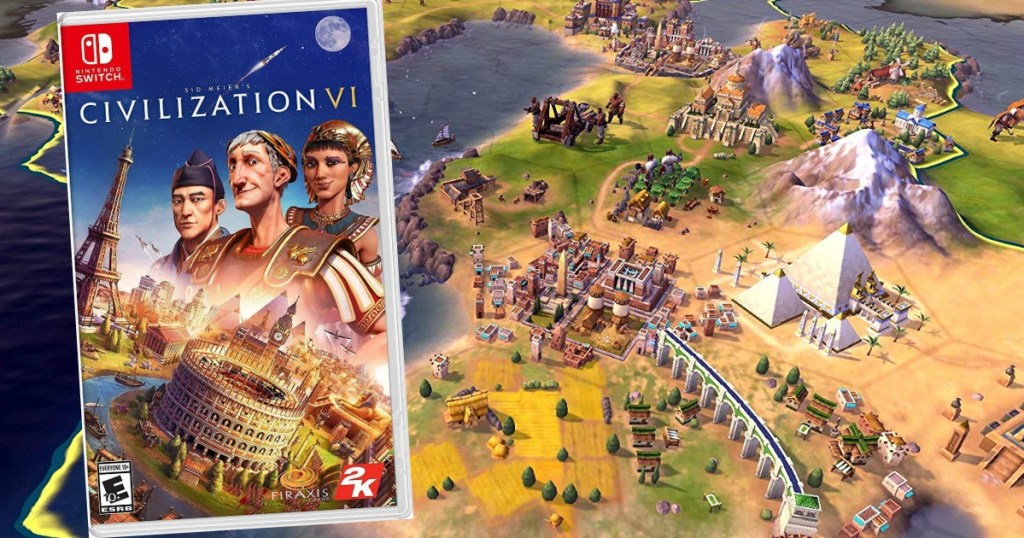 Sid Meier's Civilization VI Nintendo Switch game cover over screen grab of game play