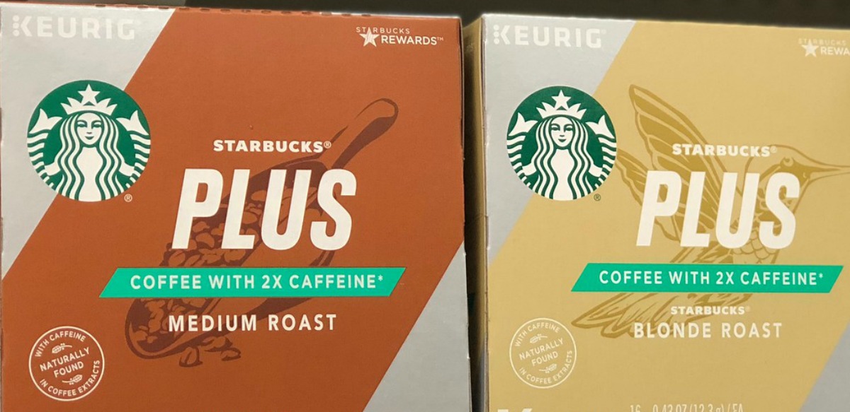 two boxes of Starbucks Plus Coffee K-Cups on shelf