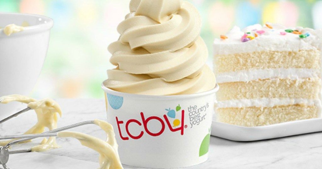 TCBY Birthday Cake Froyo next to cake