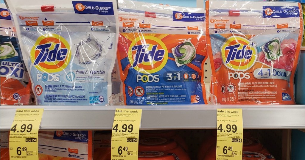 Tide Pods on Walgreens shelf with $4.99 sale tag