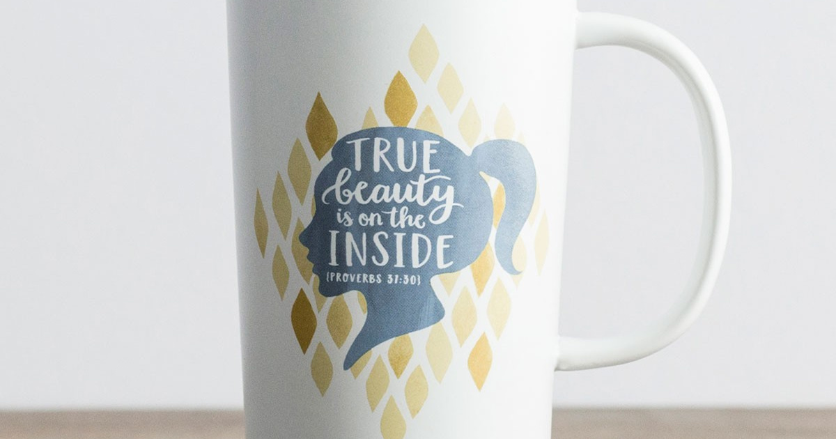 tall mug with true beauty quote