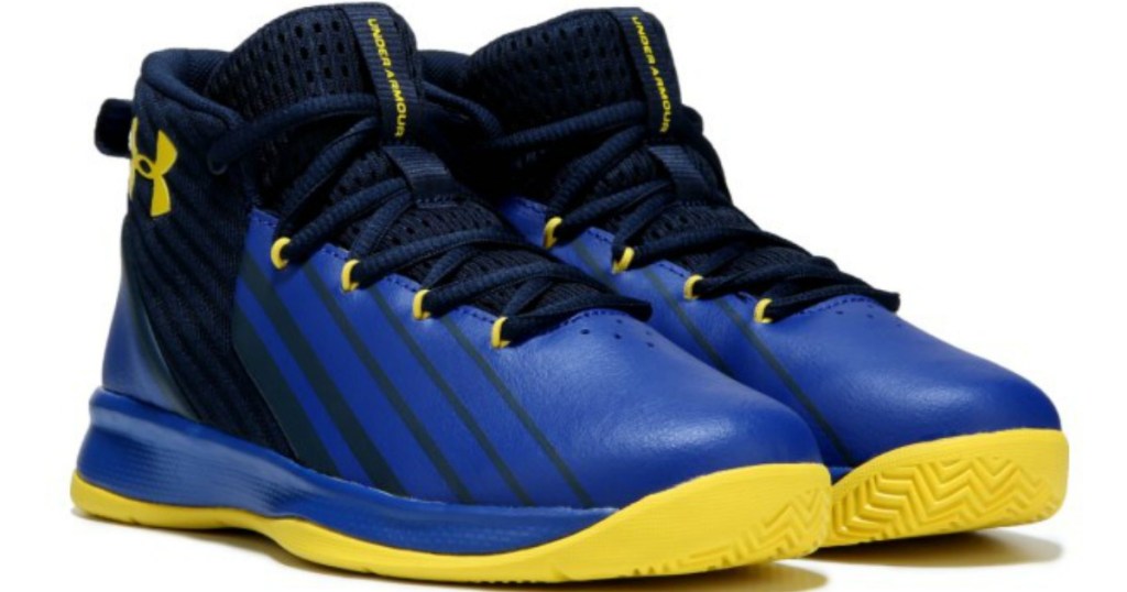 blue, yellow and black under Armour shoes