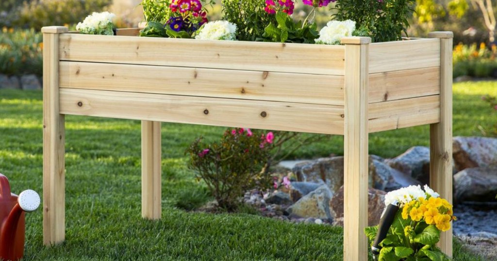 Flowers growing from elevated garden planter in yard