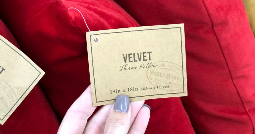 hand holding tag on velvet pillows