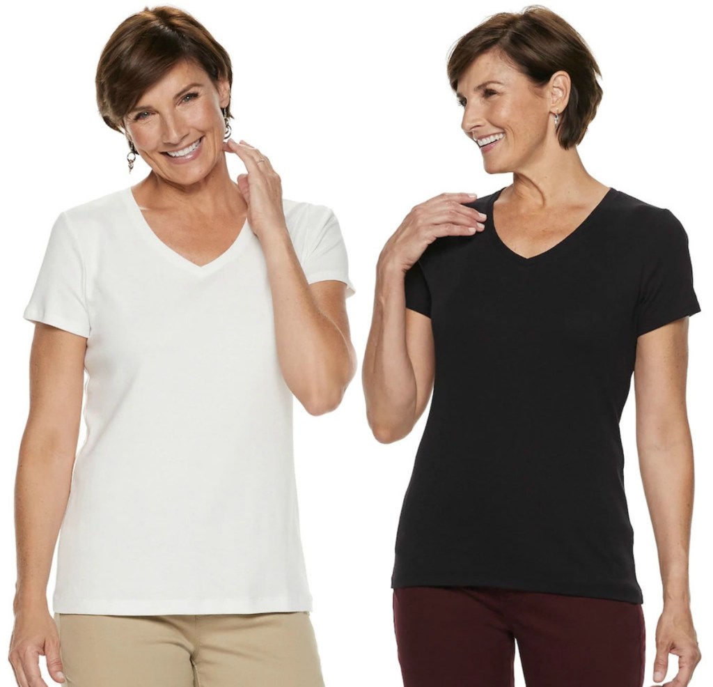 Two women wearing Croft & Barrow V-Neck tees