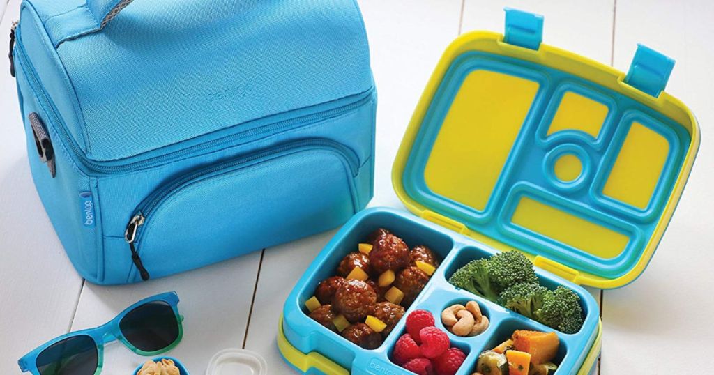 blue and green bengto kids box and blue lunch box