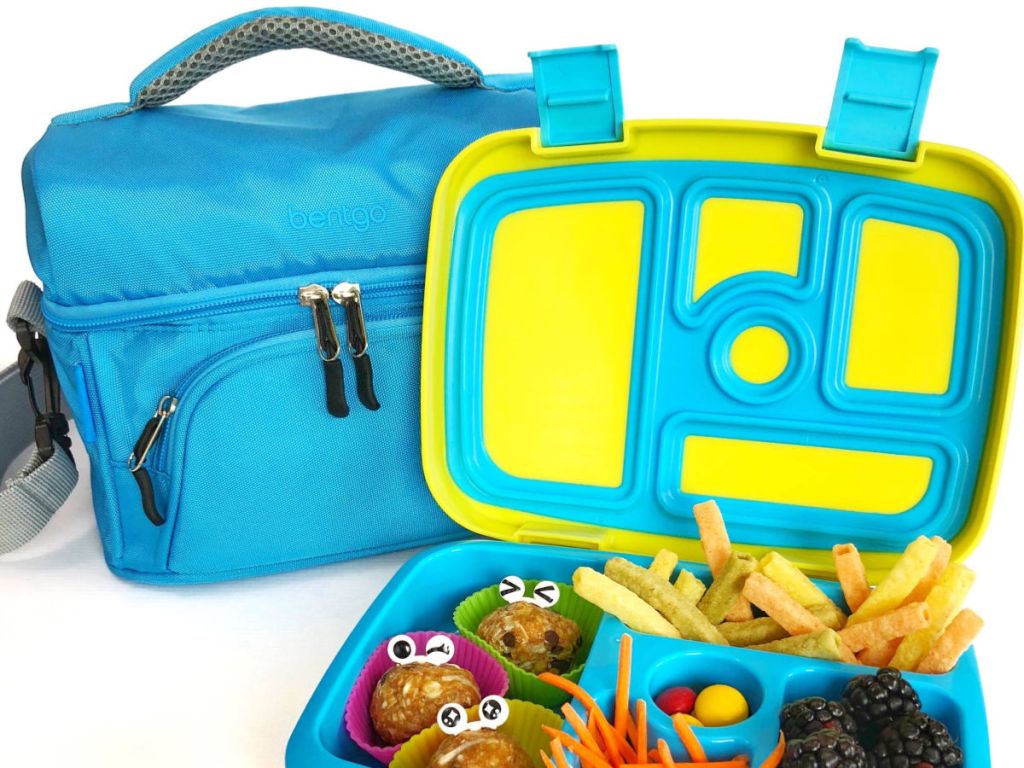 bentgo blue lunch bag with blue and green bentgo box